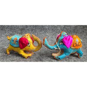 2 Vtg Fabric Elephant Decorations Yellow & Blue Embroidered Accents